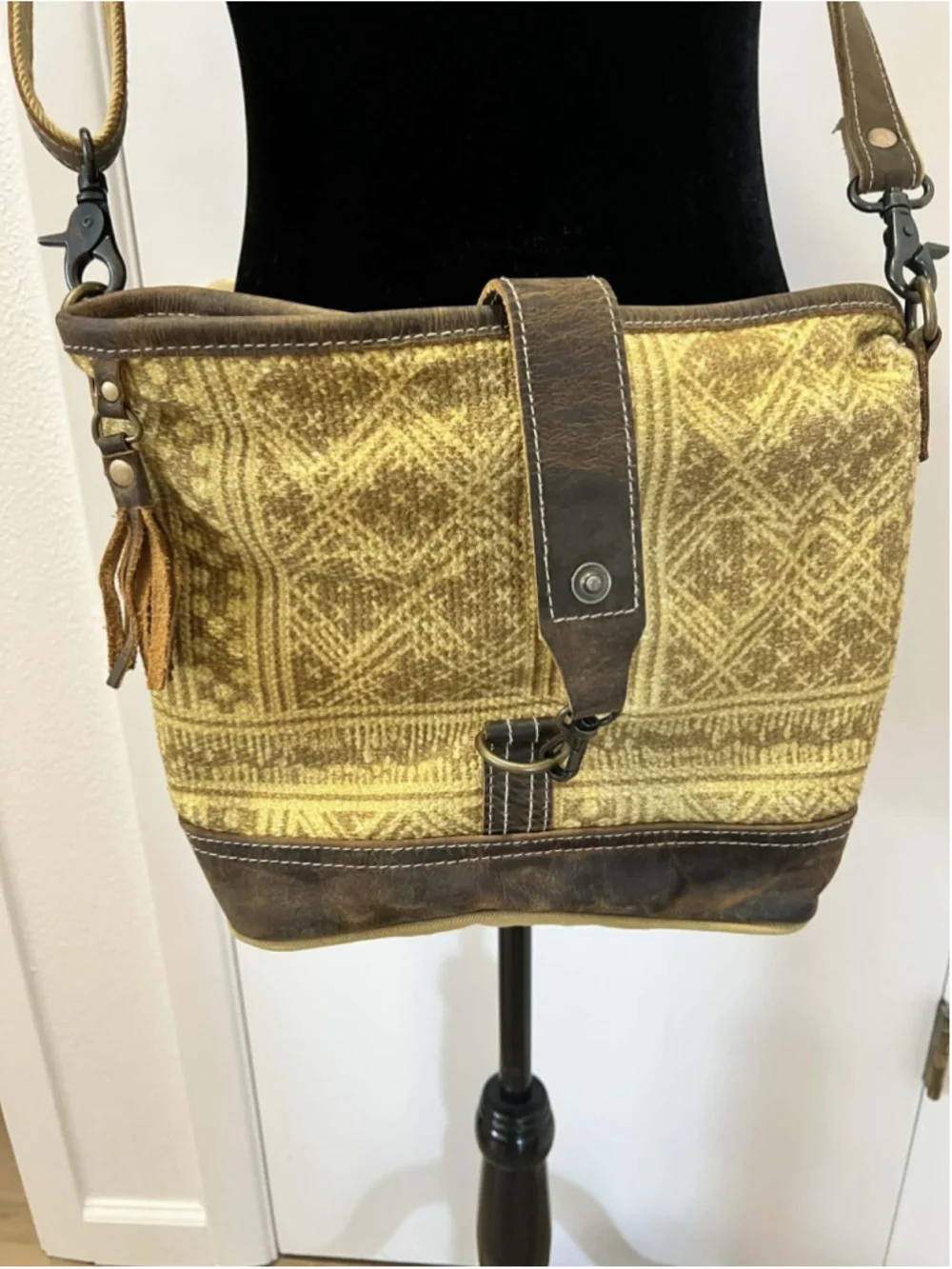 Myra Bag Canvas & Leather Crossbody Shoulder Bag Tribal Woven Design Boho Tote